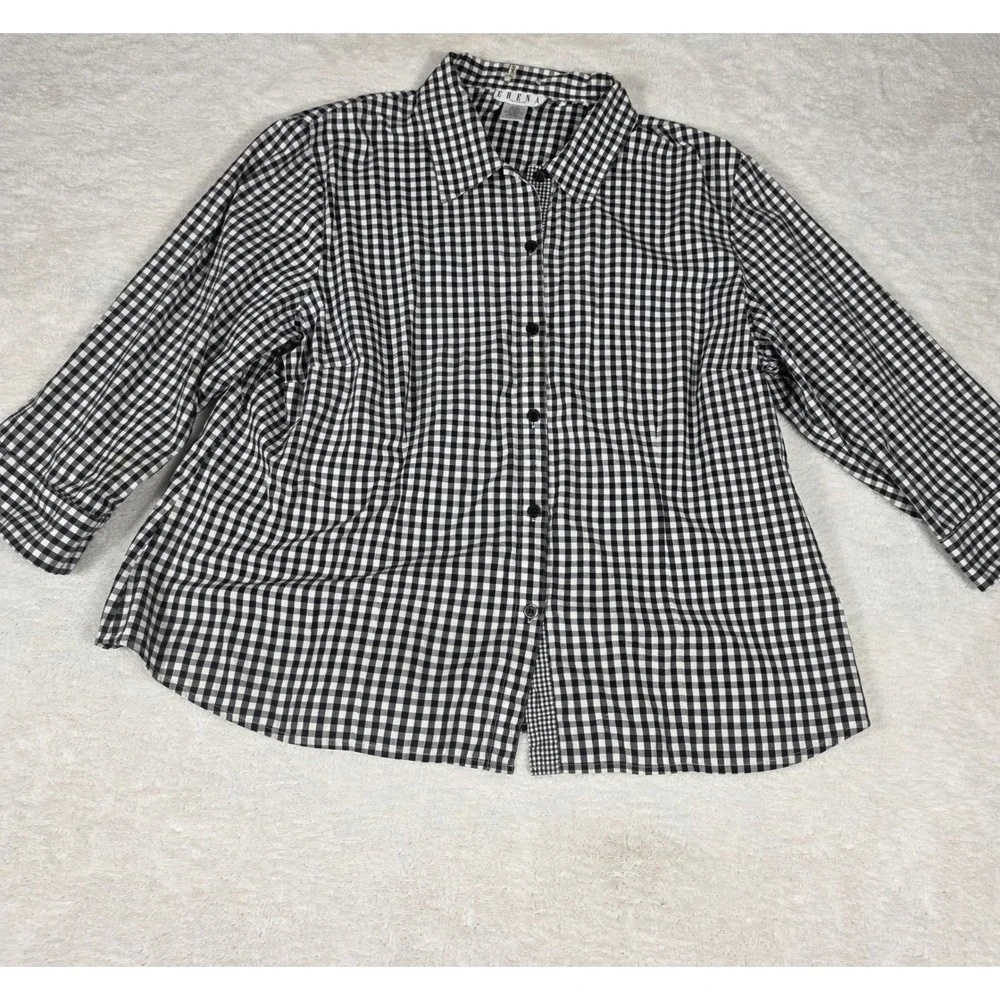 Erena Woman‎ Button Down Shirt Womens 2X Black Gingham Good Long Sleeve Stretch